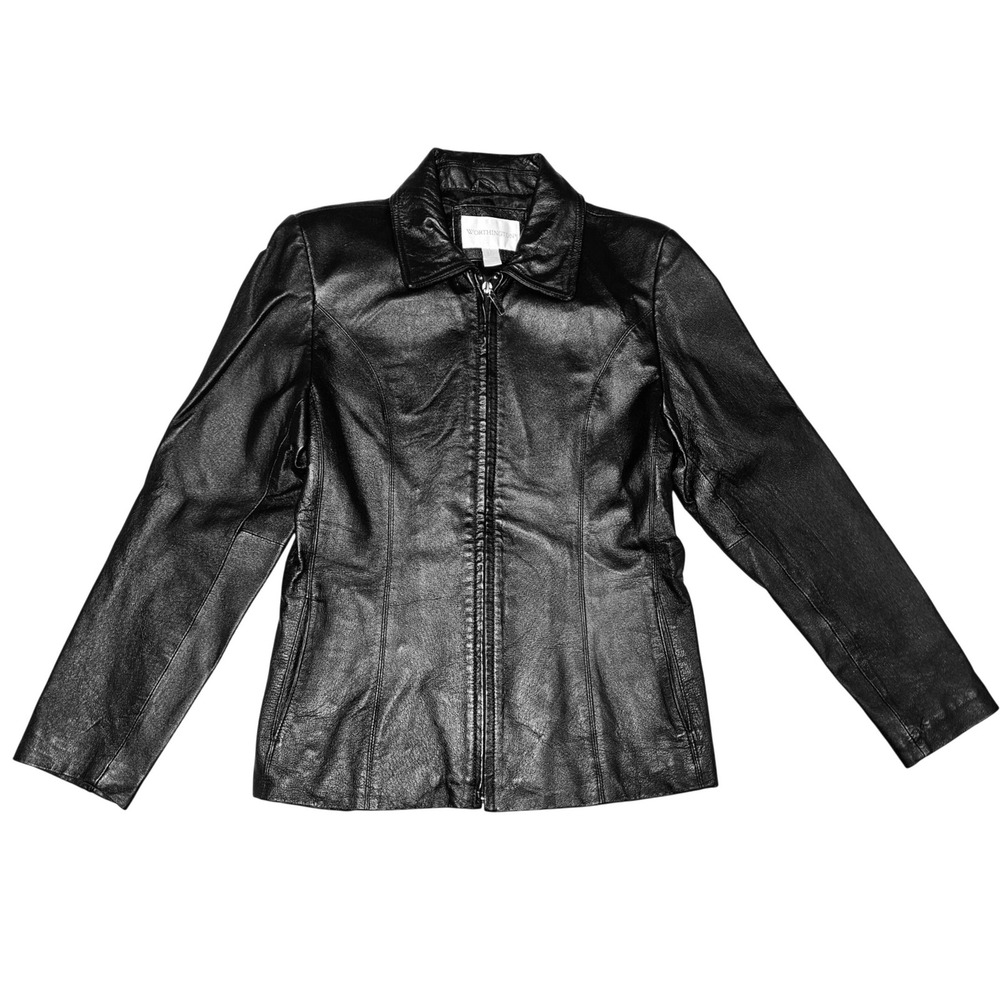 Worthington Black Soft Leather Zip Jacket Petite Small 90s Biker Goth Streetwear